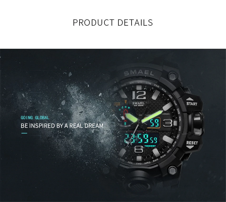 SMAEL Брендовые мужские модные водонепроницаемые аналоговые кварцевые часы с секундомером мужские спортивные часы повседневные цифровые часы мужские часы