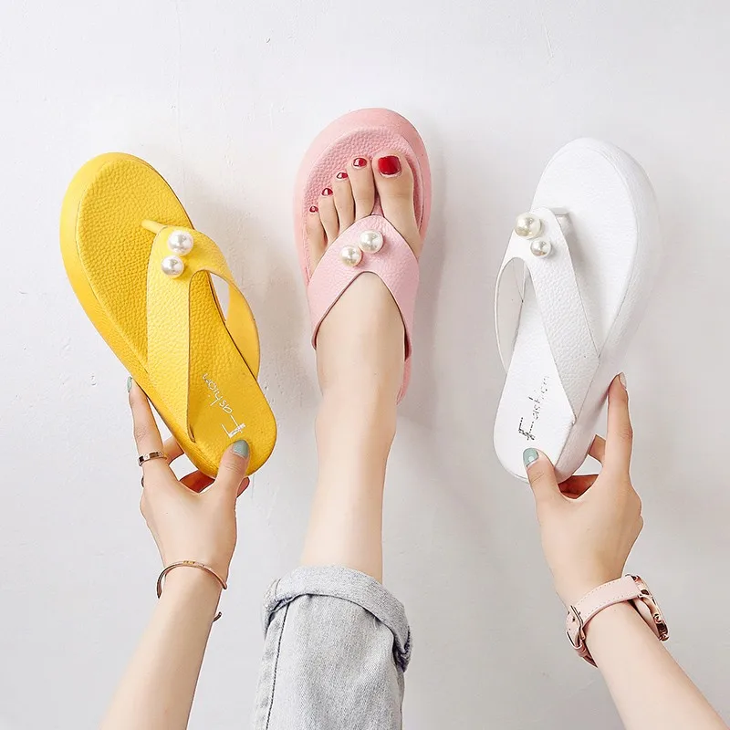 Summer Slippers Women Platform Shoes Pearl Flip Flops PU Ladies Casual Slip-on Beach mules 003w | Обувь