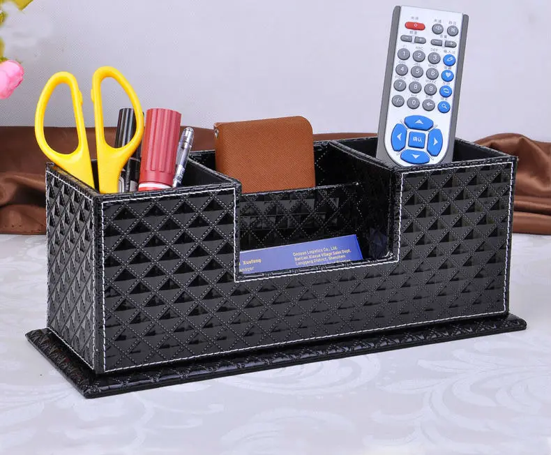 

wood struction leather surface desk multi-function stationery organizer with double pen pencil holder case diamong black 202C