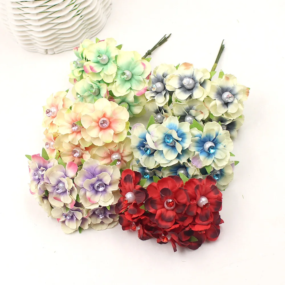 6 шт. с жемчугом бриллиантами сливы искусственные цветы для свадебного украшения