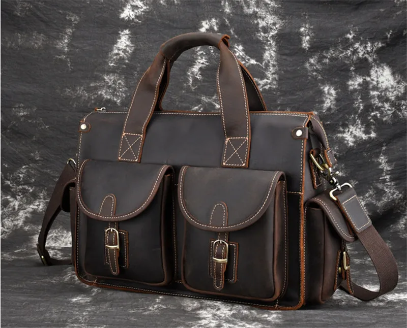 PNDME high quality crazy horse cowhide men's briefcase vintage designer simple multi pocket genuine leather office laptop bag