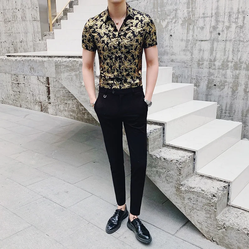 Золотая Бабочка печать черная футболка короткий рукав модные дизайнерские вечерние Клубные туфли на выпускной вечерние рубашка Стильный Золотой вышитые биссером тонкие рубашки для Для мужчин