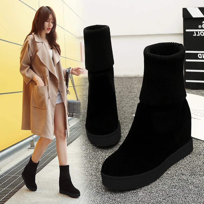 ENMAYER Height Increasing Elastic Band Mid-Calf Microfiber Women Boots Solid Straight and Flanging Increase Within Sock | Обувь