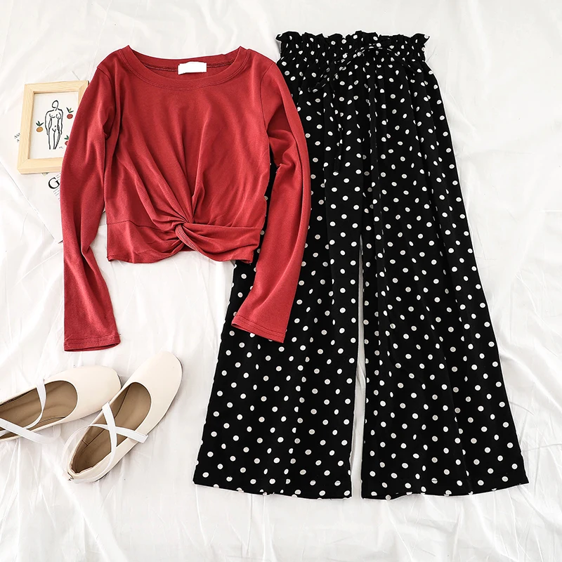 2019 новые модные женские брюки с эластичной резинкой на талии широкие в горошек