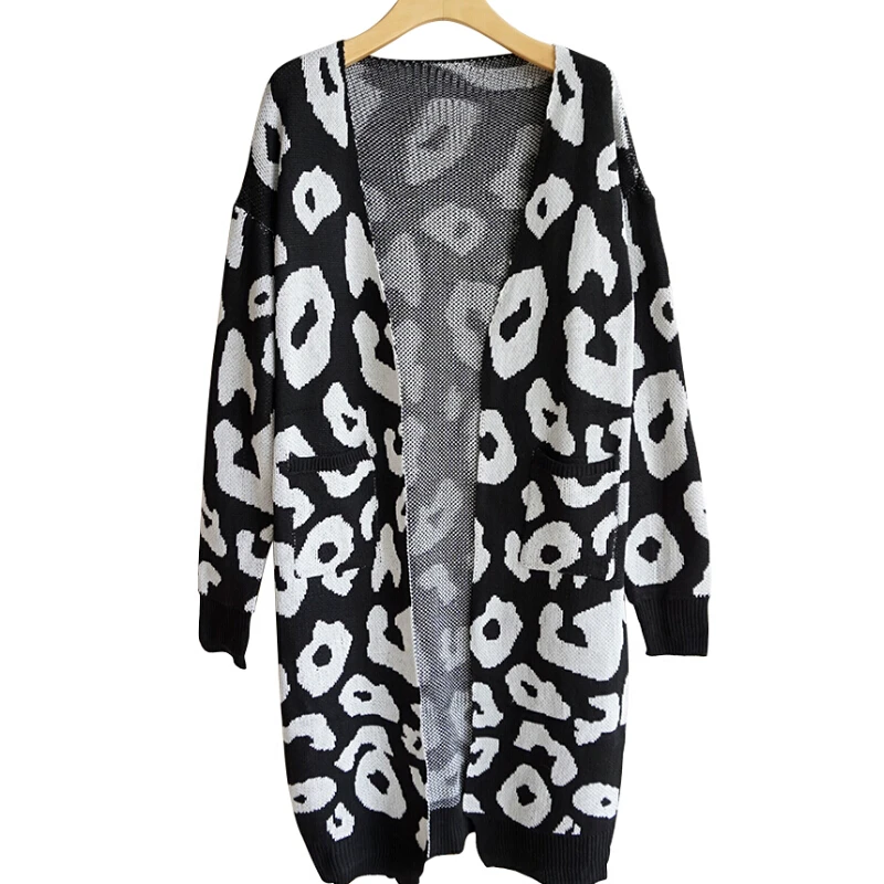 Женский кардиган с леопардовым принтом длинный вязаный свитер джемпер куртка