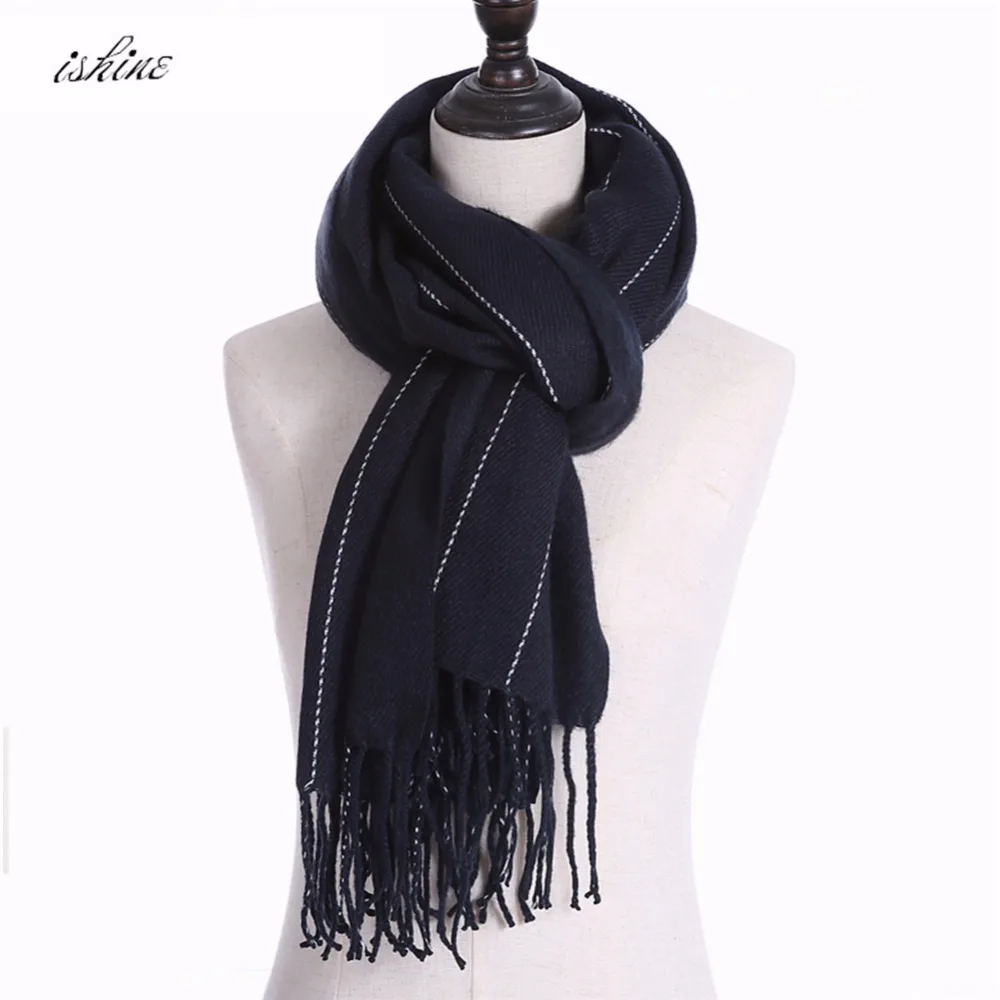 Дешевые унисекс полосы кисточкой шарф белый имитация кашемира утолщаются