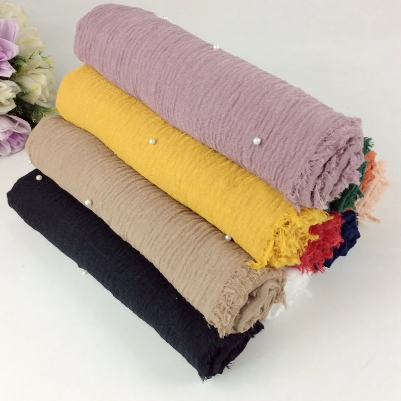 Жемчужины морщинки простые обертывание пузырчатая вискоза длинные бахромы шарф