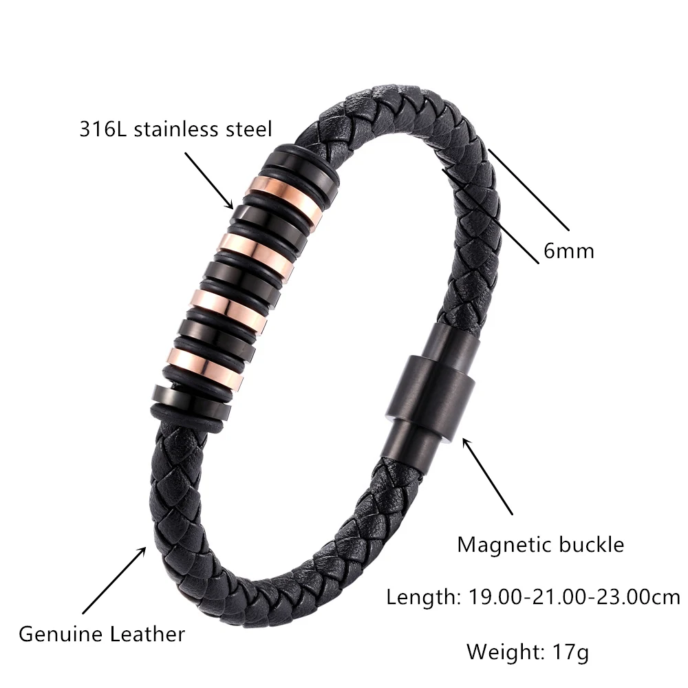 Модные мужские ювелирные изделия плетеный кожаный браслет индивидуальный дизайн черный нержавеющая сталь