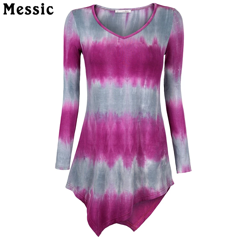 Messic платок линия низа Для женщин рубашка с длинными рукавами Tie-Dye Вязание длинная