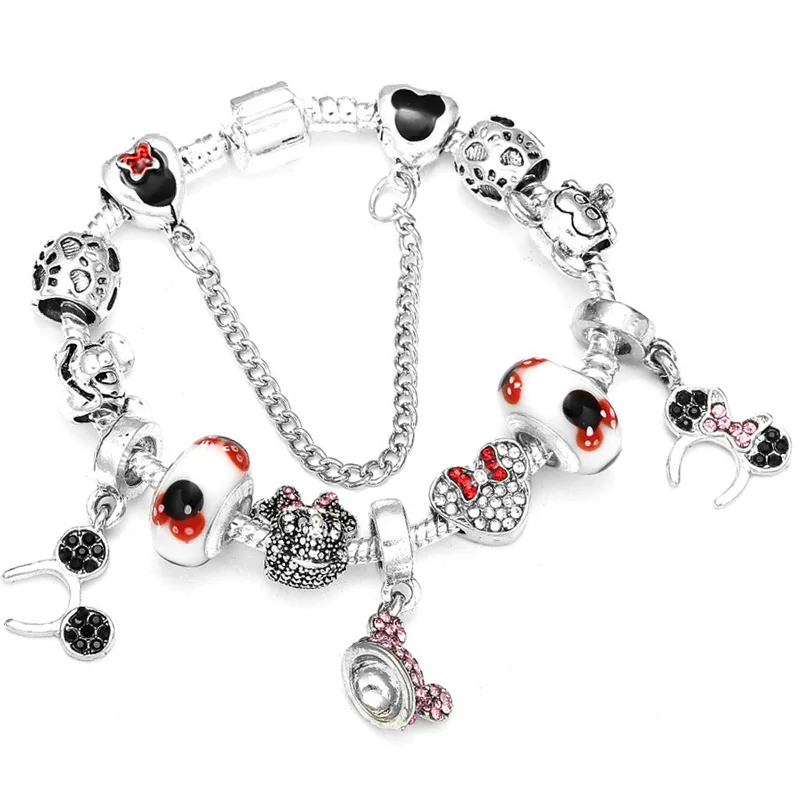 Boosbiy Dropshipping Cute Mickey Minnie Charm Bracelet For Women Kids With Silver Snake Chain Brand Bracelet Christmas Jewelry