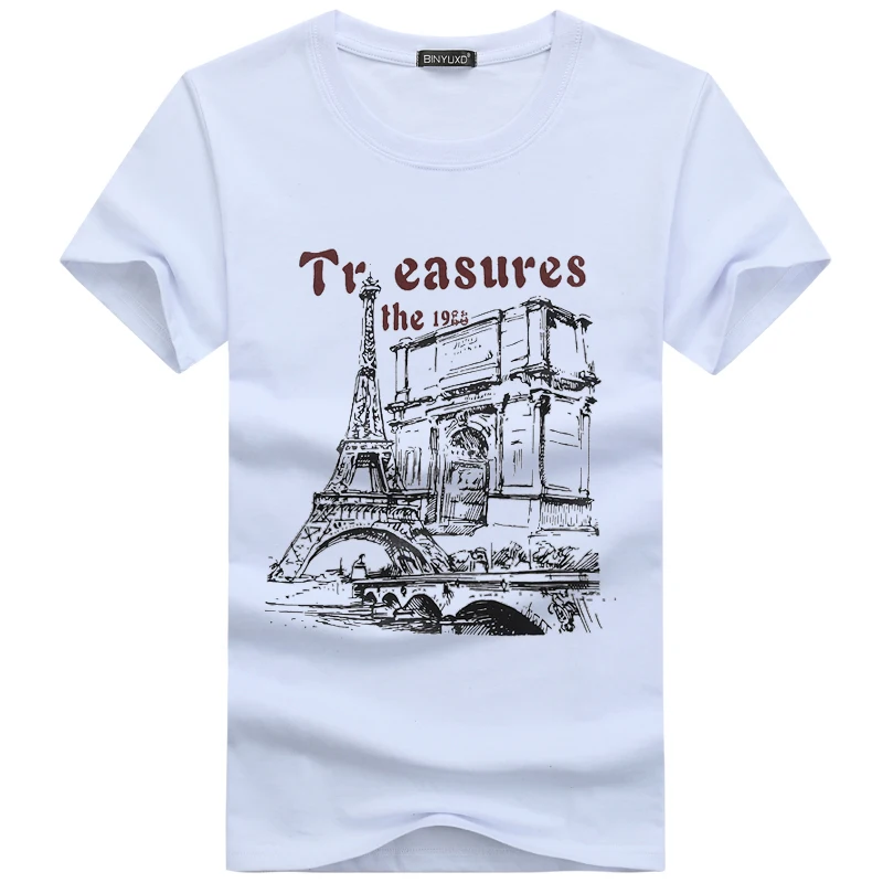 BINYUXD Summer Tops Fashion Eiffel Tower Print Short Sleeve T Shirt Men Casual Cotton Breathable Loose Brand Tees Male | Мужская одежда