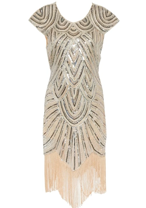 beige Женское платье 1920 s, украшенный пайетками и стразами, с бахромой, в стиле Грейт Гэтсби, с хлопушкой, с рукавом-крылышком, Ретро стиль, миди, вечерние платья, украинское платье - Цвет: beige