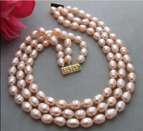 

new 3 Row 10-12 mm natural pink pearl necklace17"-19"
