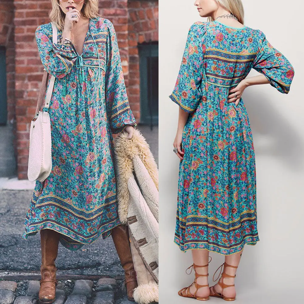Женское длинное платье с цветочным принтом Boho Свободное длинными рукавами