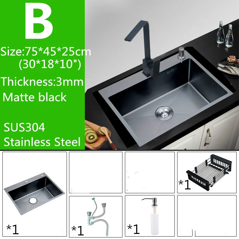 B 30X18X10inch Нано-черный 30-дюймовый 11 калибра Нержавеющая сталь Кухня раковины встройной ручной утолщенной Кухня с одним гнездом с сливная система - Цвет: B 30X18X10inch