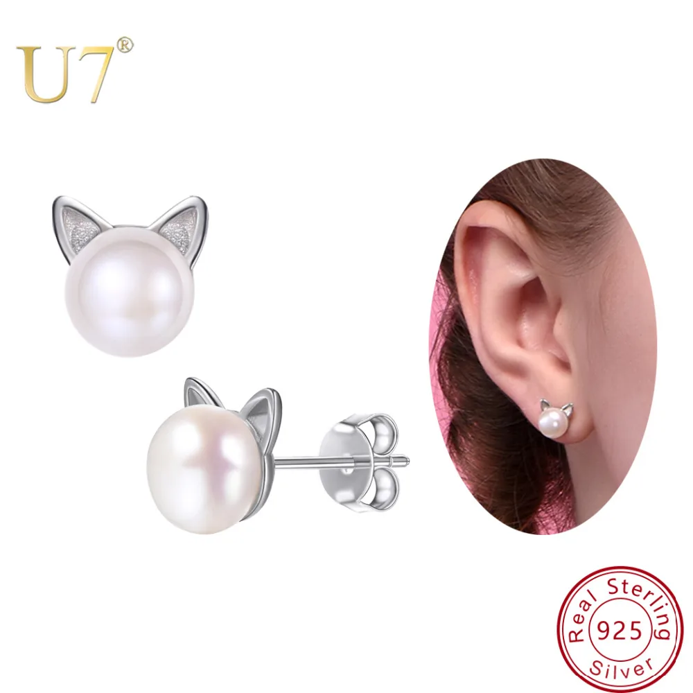 

U7 925 Sterling Silver Cute Earrings Cat Stud Earings Women Wedding Jewelry Natural Freshwater Pearl Earrings Mother's Gift SC02