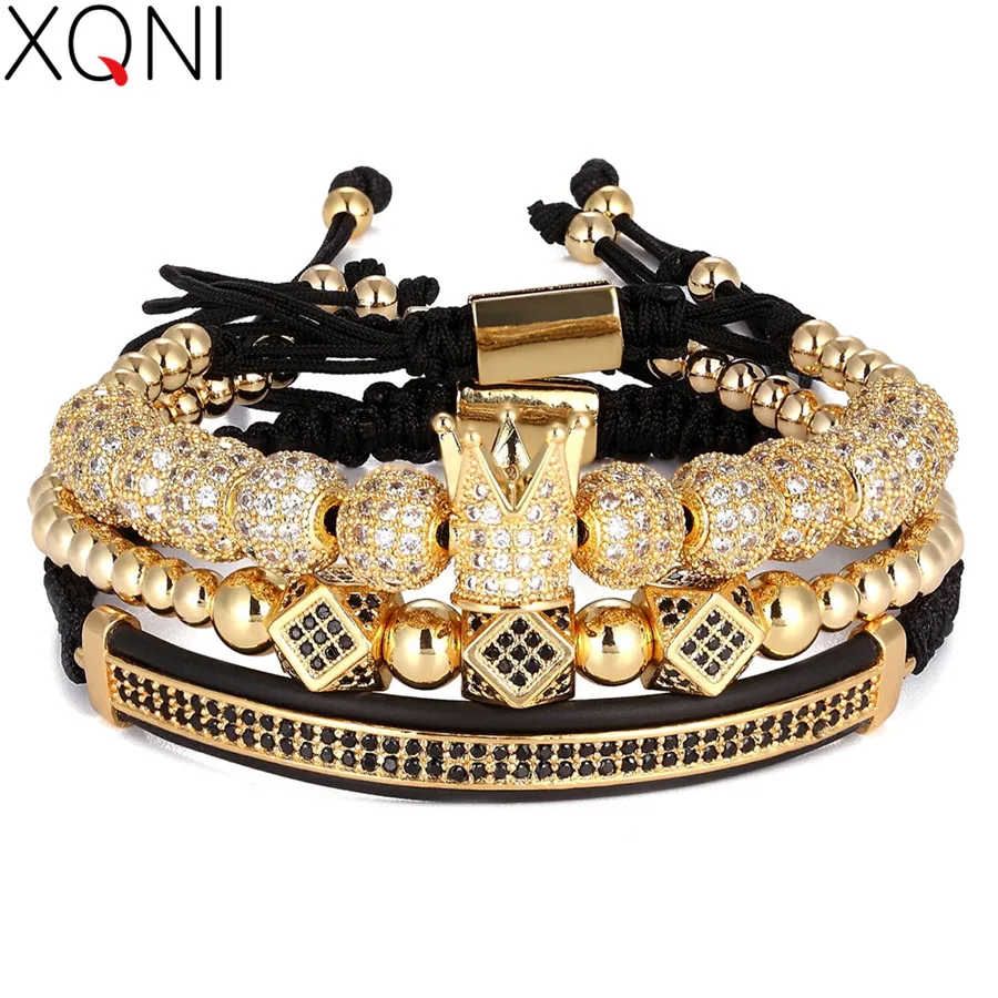 

XQNI 3pcs/Set Punk CZ Micro Pave Crown Bead Bracelet For Men Women Braided Rope Chain Luxury Fashion Jewelry Gift Resize 16-25cm