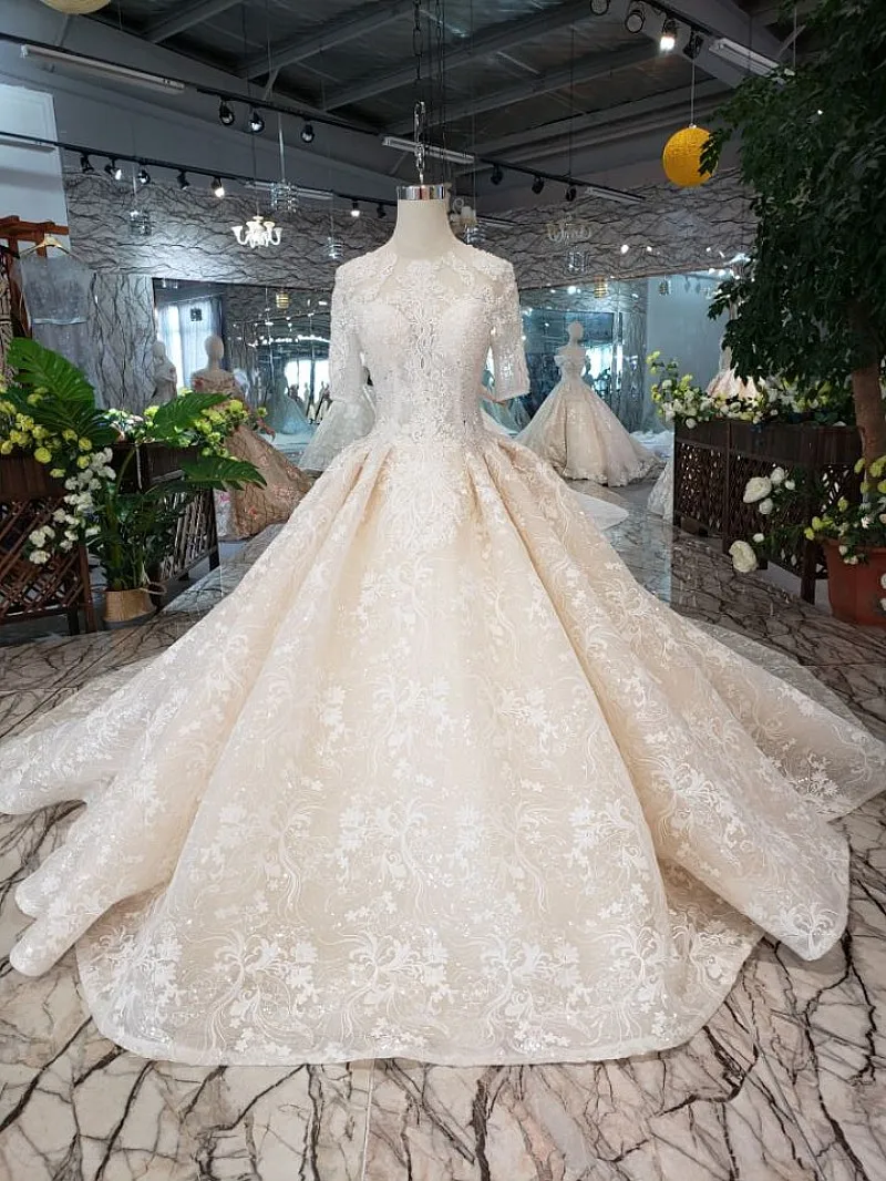 SSYFashion высококачественное свадебное платье невесты роскошное шампанское короткий рукав корт Тран кружева свадебное платье расшитое бусинами Vestidos De Novia