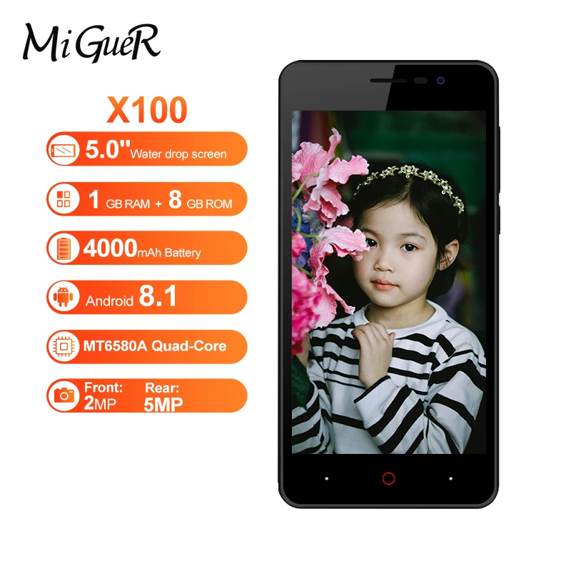 Doogee X100 Mobile Phone MTK6580 Quad Core Android 8.1 1GB RAM 8GB ROM 3G WCDMA 5.0MP Dual SIM Smartphone 4000mAh GPS 5.0inch | Мобильные