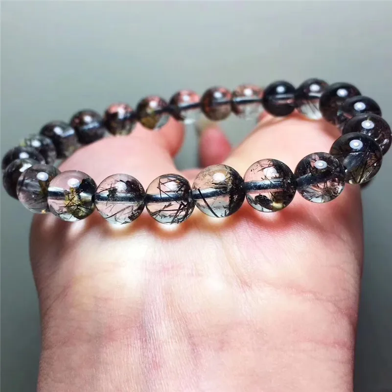 Браслет из натурального кварца 8 мм с кристаллами черного ворса для женщин и