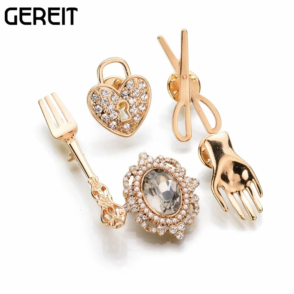 GEREIT 5 Шт./компл. Classic Gold Цвет Ножницы Вилка Брошь Ручной Сердце Меди Горный