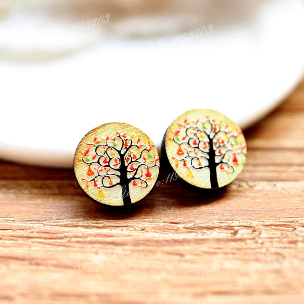 Unique 3D Tree Embossed 16mm Round Coloured Drawing pattern Laser Cut wood Cabochon DIY for Rings Earring Brooch Necklace | Украшения и