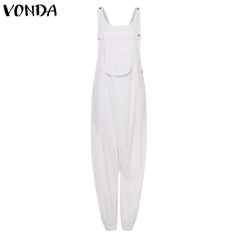 White VONDA Комбинезоны женские Комбинезоны модные повседневные хлопковые шаровары брюки размера плюс сексуальные длинные комбинезоны без рукавов - Цвет: White