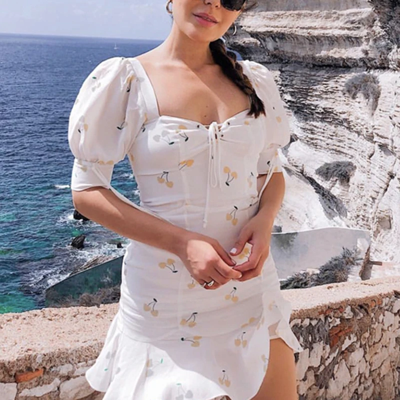 PERHAPS U cherry print white bow square collar empire puff sleeve short a line mermaid mini dress small fresh D1023 | Женская одежда