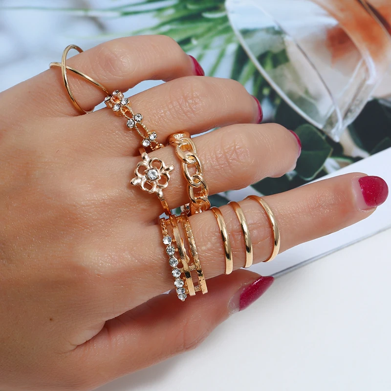 

L&H 8PCS/Set Luxury Shining Rhinestone Rings Set Elegant Fashion Gold Rings Wedding Party Bohemia Style For Women