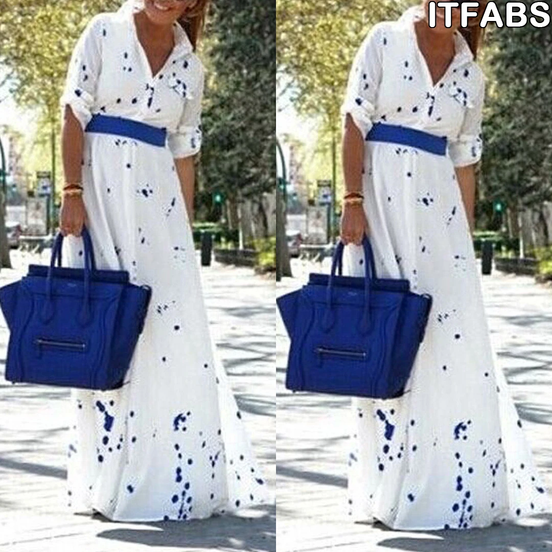 Женское пляжное платье длинное синее с длинным рукавом и граффити в стиле бохо