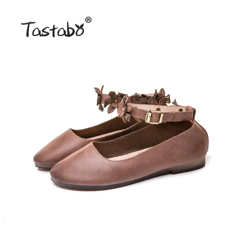 Brown Tastabo/Новинка; кожаная женская обувь; тонкие туфли с пряжкой на щиколотке; простая и повседневная обувь в винтажном стиле с аппликацией; удобная подошва - Цвет: Brown