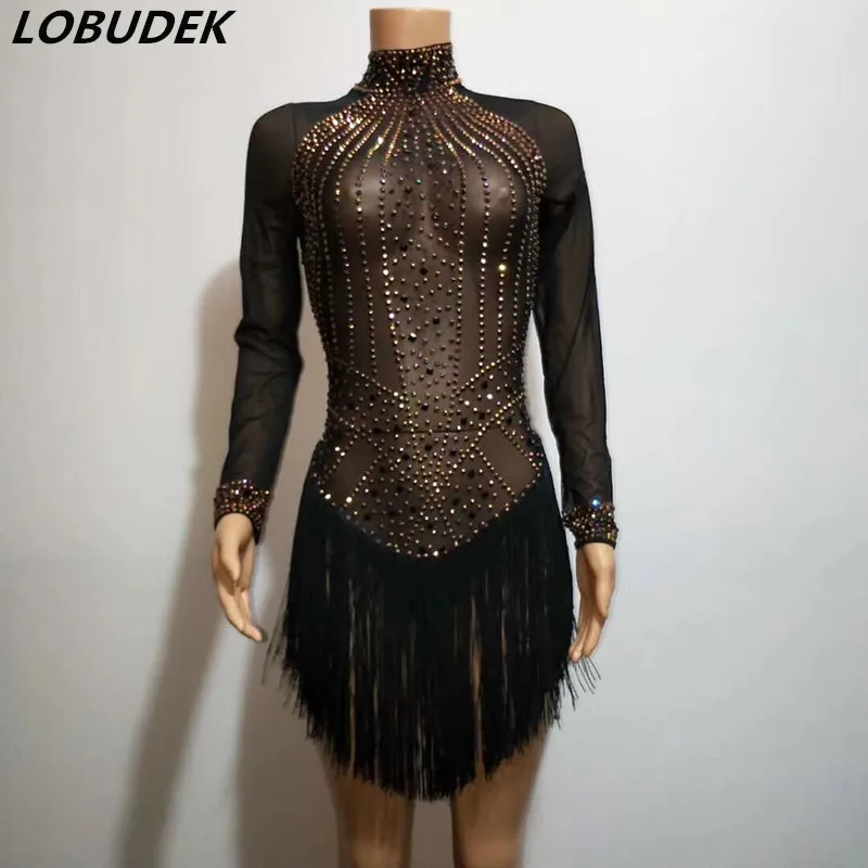 

Gold Rhinestones Black Tassels Perspective Bodysuit Sexy Women DJ Singer Nightclub Modern Dance Costume See-through Stage Outfit
