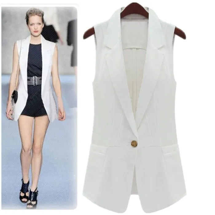 

Spring Classic Medium Long Design Women Sleeveless Suit Jacket, Black White Workwear Vest