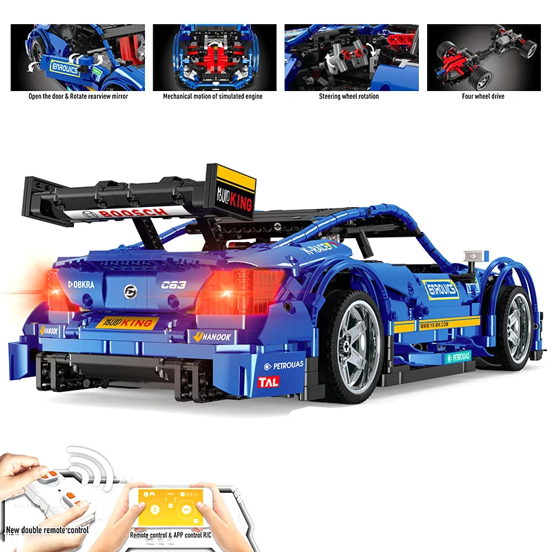 Yuxing assembled building blocks electric remote control blue sports car children enlightenment free DIY spell plug toy