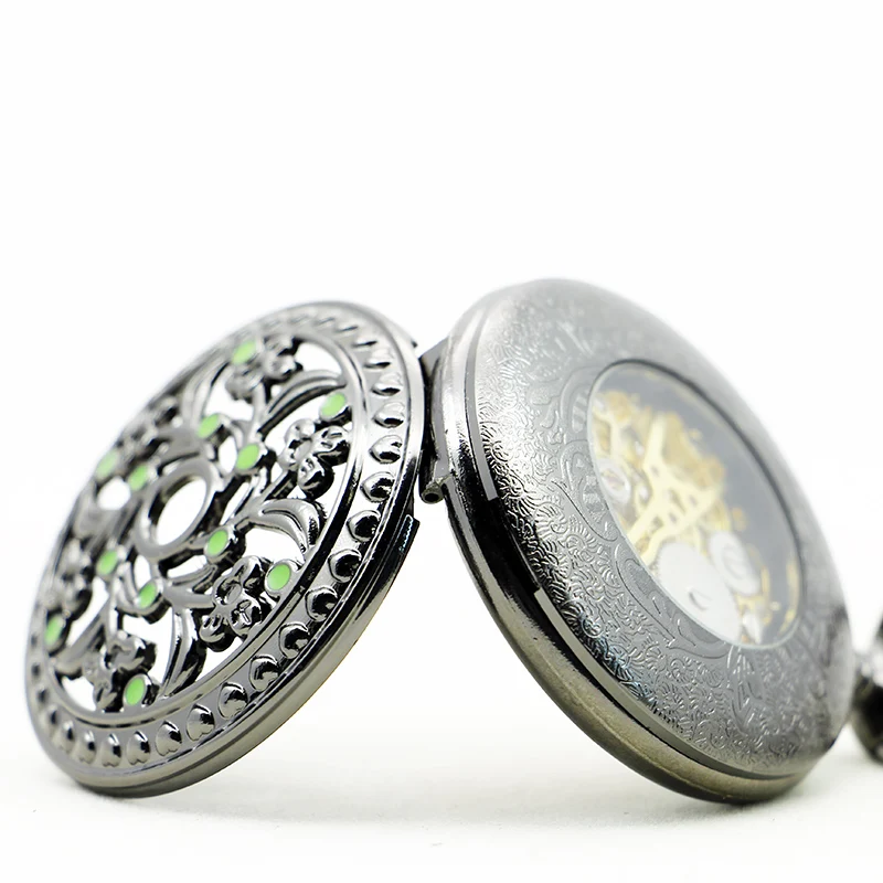 Black Hollow Flower Gem Design Mechanical Pocket Watch Retro Steampunk Gentleman Style Men's Necklace Pendant Clock