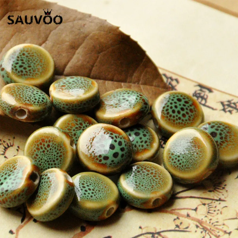 SAUVOO 30 шт./лот красочные круглые плоские керамические глазурные шармы бусины 14 мм