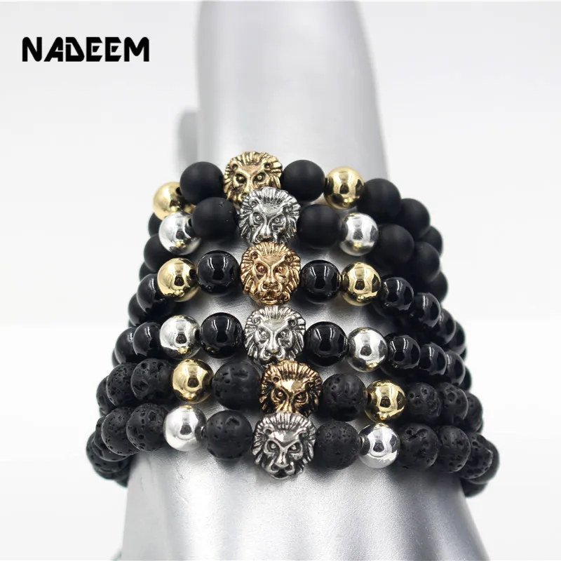 

NADEEM Newest Braiding Macrame Lion Head Charm Bracelet Jewelry Women Men'S Lava Rock Stone Beads Macrame Weave Bracelet