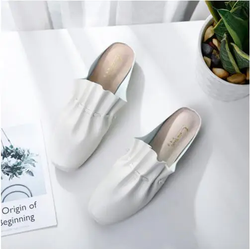 Square Toe White Женские туфли без задника из натуральной кожи; сандалии из свиной кожи с оборками; женские шлепанцы без задника с квадратным носком; тапочки на плоской подошве с закрытым носком; Pantuflas - Цвет: Square Toe White