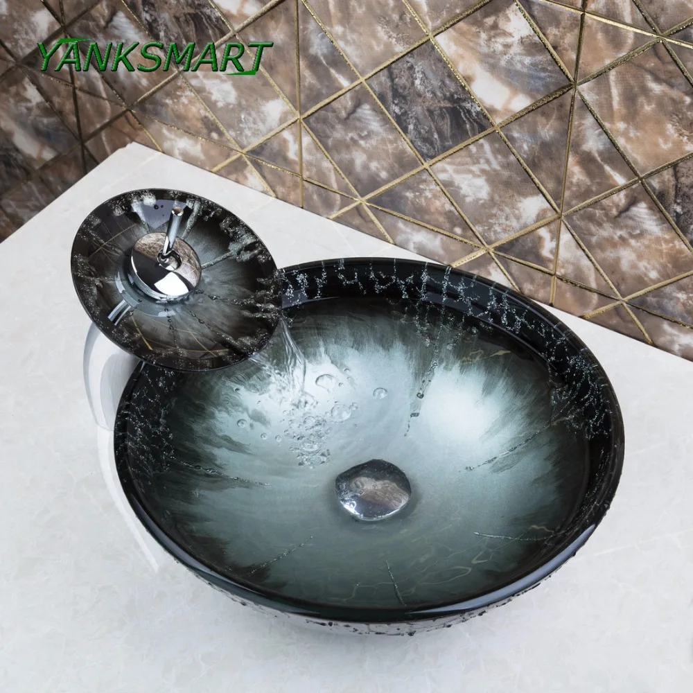 

YANKSMART Round Eye Style Tempered Glass Bathroom Designer Vessel Sink Basin Bowl With Pop Up Drain