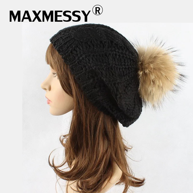 Maxmessy зима Для женщин мех енота помпонами Берет Hat для шапка ручной работы Кепки