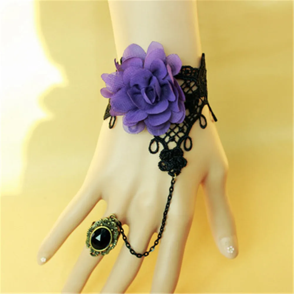 Vintage Charm Steampunk Black White Lace bracelet Retro Gothic Rose Flower Finger Hand Chain Harness bangles | Тематическая одежда