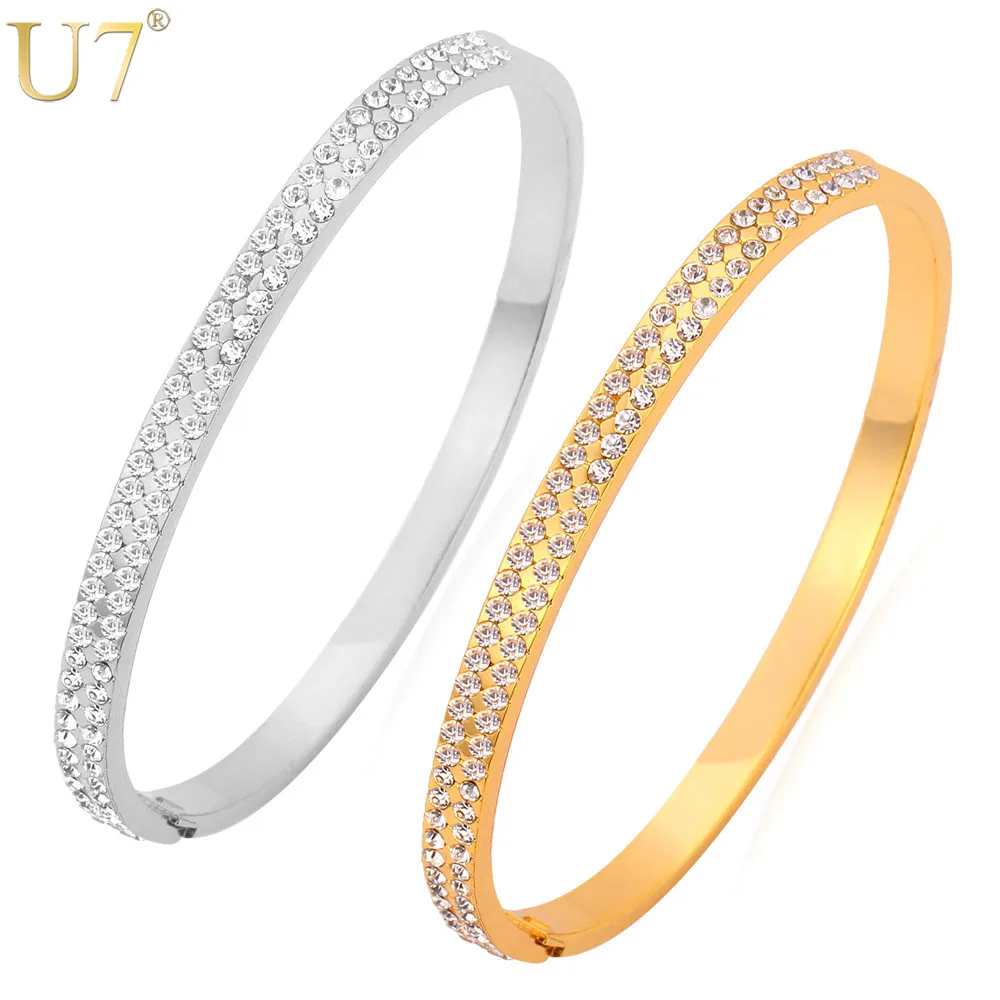 

U7 Shiny Crystal Bangle Gold/Silver Color Rhinestone Jewelry Wholesale Round Bracelet Bangle For Women Men H570