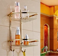 polished gold color brass wall mounted bathroom dual tier corner shower shelf storage basket bathroom accessory mba098