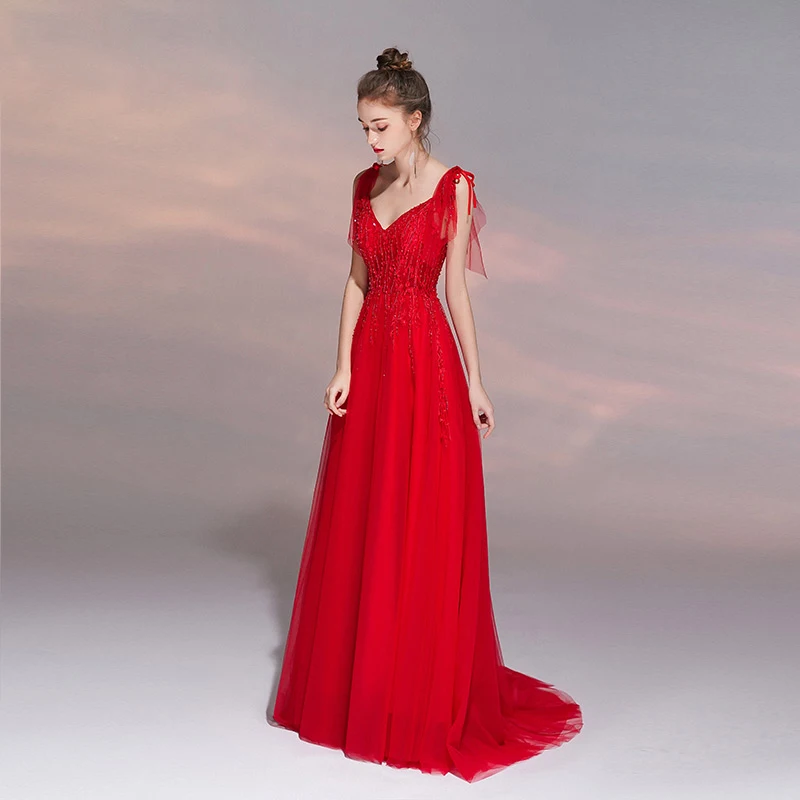 Ssyfashion 2019 Новое красное вечернее платье для свадьбы и банкета элегантная v