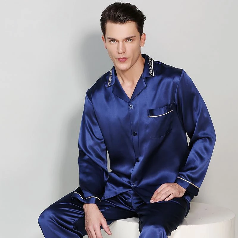 Man's Spring Autumn Long-Sleeved Genuine Silk Pajamas Two-Piece Sets 100% Silkworm Silk Sleepwear Male Casual Home Clothes T9010