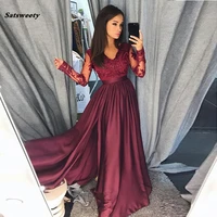 2022 long v neck lace long sleeves satin elegant formal party gowns sexy side split evening gowns robe de soiree