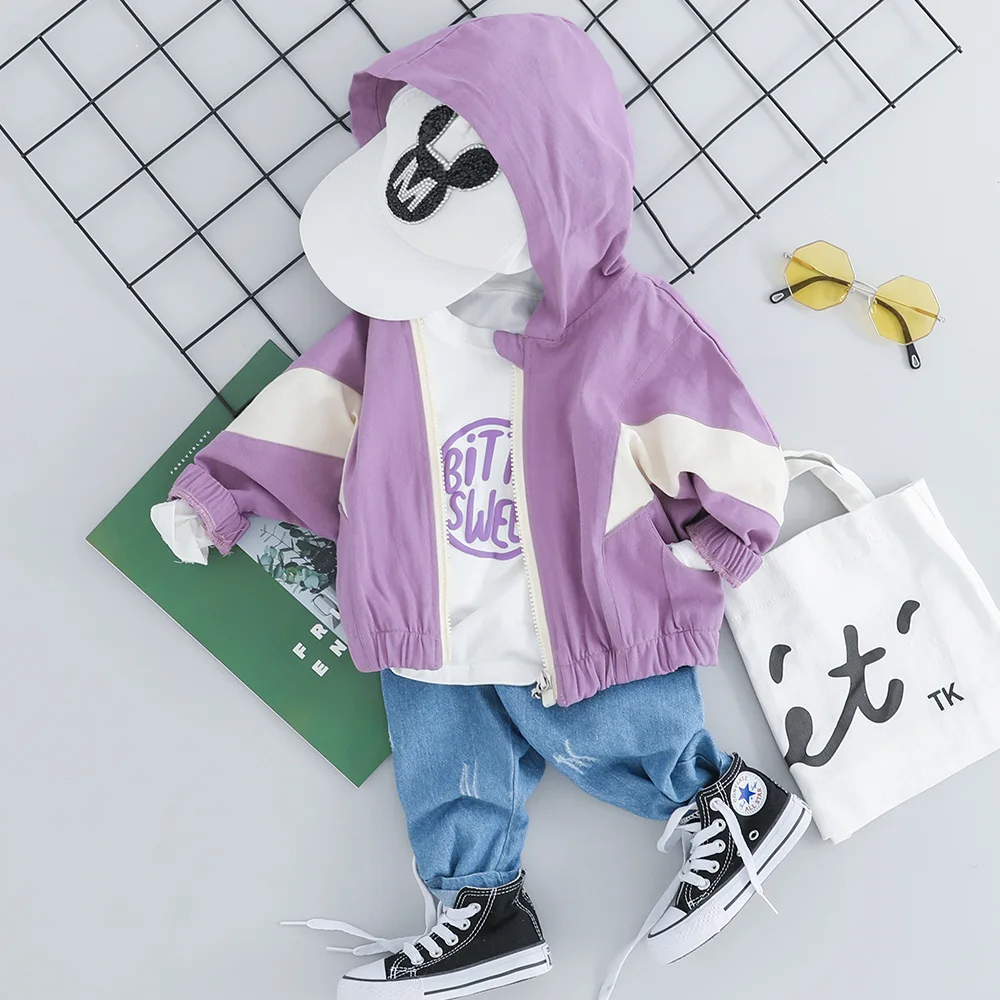 Autumn infant boys girls fashion 3pcs clothes sets cotton letters printed long sleeve T shirt + denim pants hooded jackets |