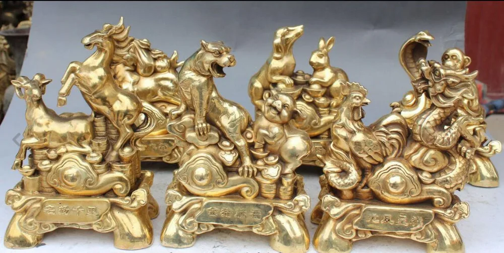 Китайский Бронзовый Дракон Феникс лошадь бык овечка курица свинья собака 12