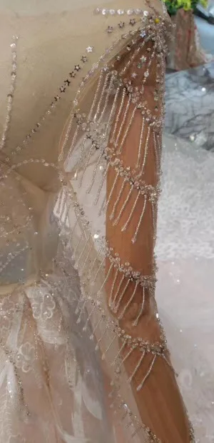 

CloverBridal semi-see though long sleeves glitter lace luxury sexy crystals tassels light champagne wedding dress 2019
