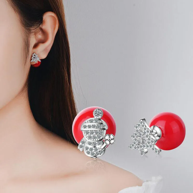

Women 925 Silver Christmas Snowman Tree Clear Zircon Red Pearl Stud Earring Female Christmas Series Party Earring Jewelry ED625